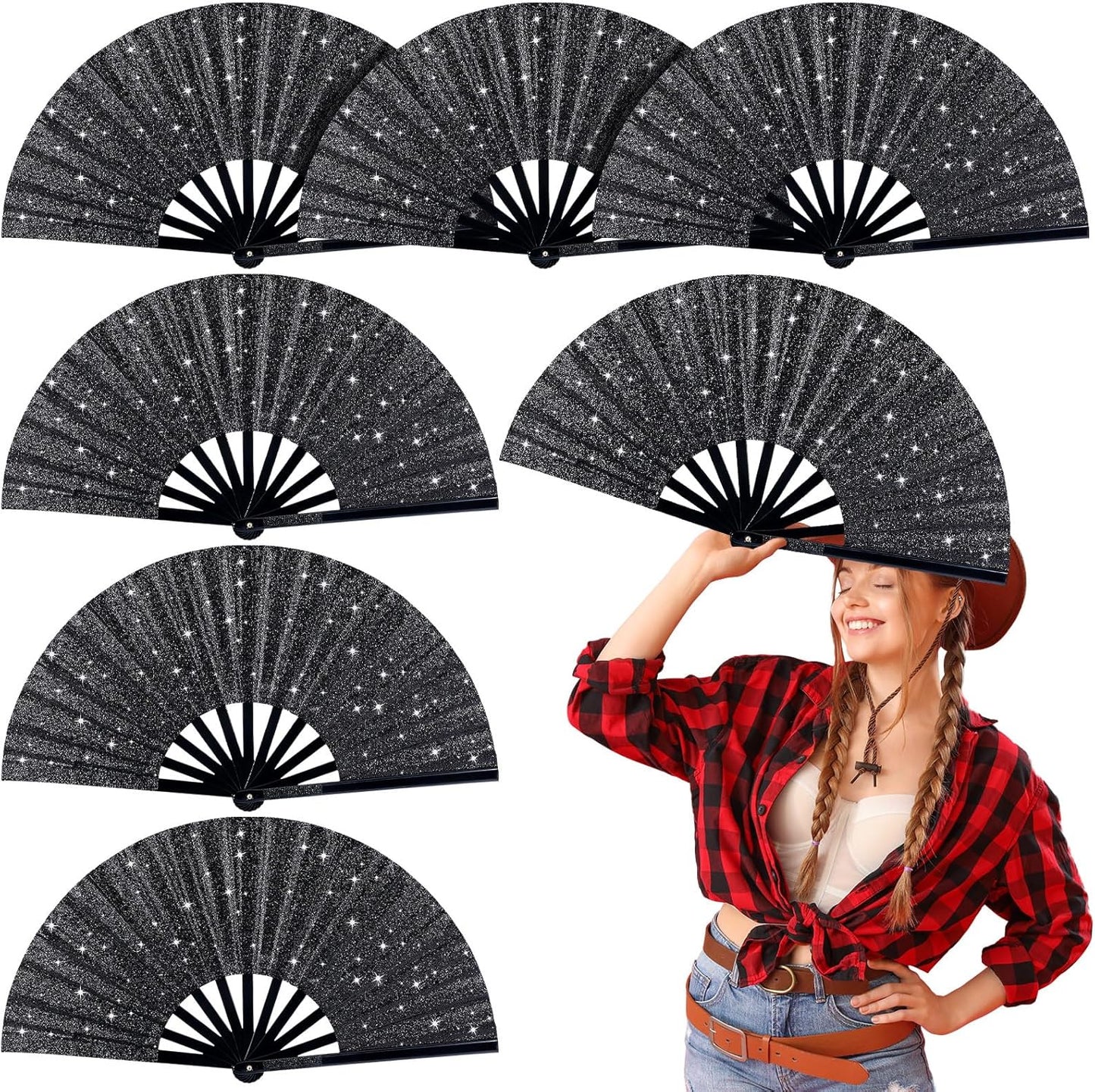 Thyle 6 Pcs Large Folding Fan for Line Dancing Bulk Boots on The Ground Hand Fan Black Popping Clapping Party Favors Decoration Gift for Edm Festival Club Summer(Classical)