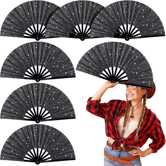 Thyle 6 Pcs Large Folding Fan for Line Dancing Bulk Boots on The Ground Hand Fan Black Popping Clapping Party Favors Decoration Gift for Edm Festival Club Summer(Classical)