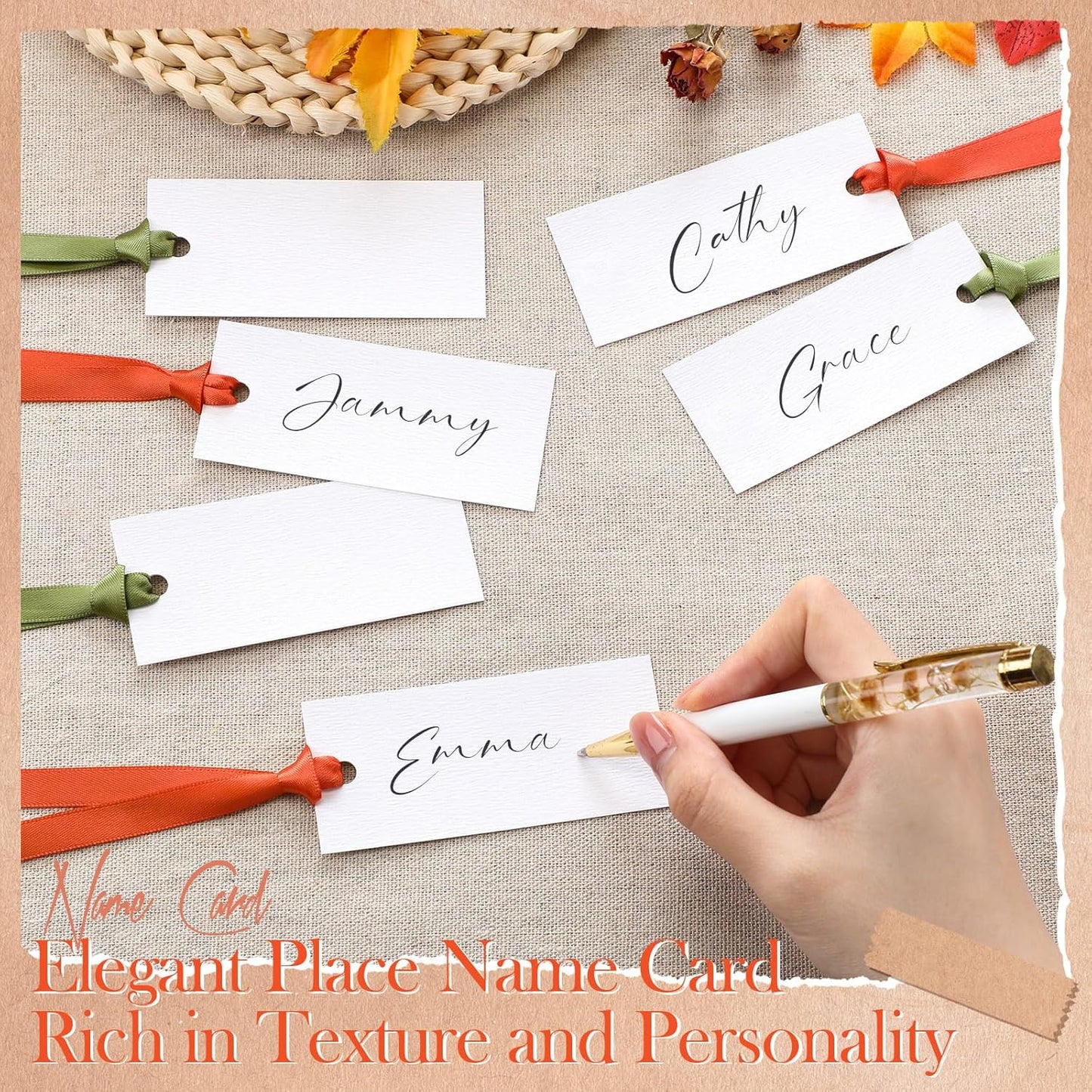50 Pcs Name Place Cards for Table Setting Blank Wedding Place Cards with Satin Ribbon 1.57 x 3.54 Inch Hanging Gift Tags for Wedding Dinner Banquet Party Table Setting Supplies(Autumn Color)