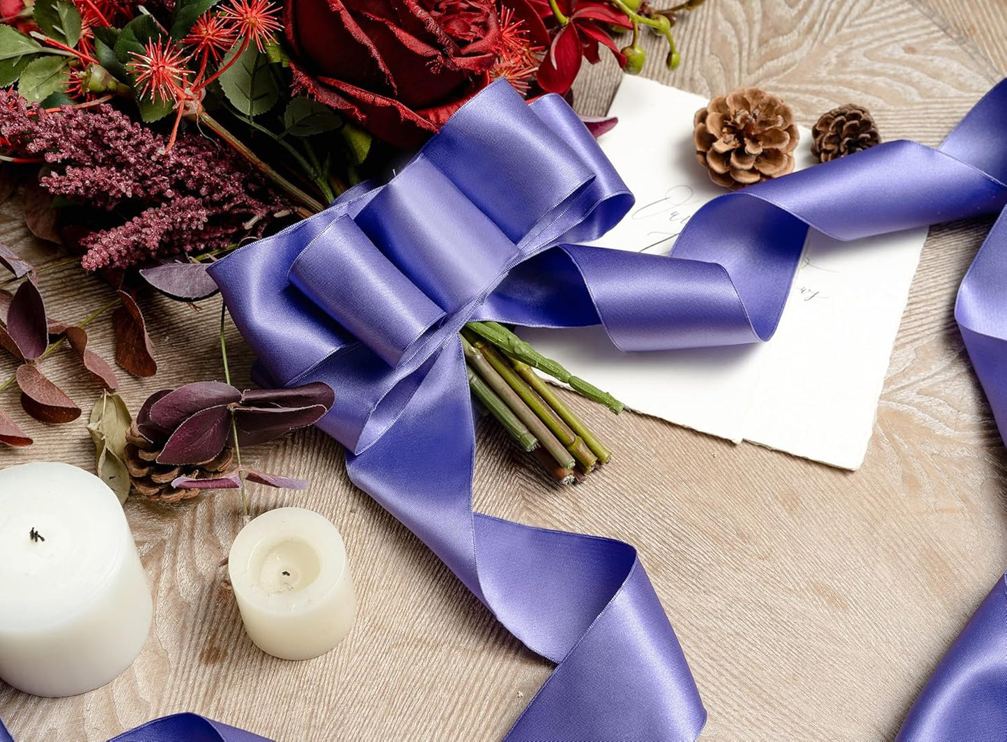 Purple Satin Ribbon Double-Faced Wired Ribbons for Gift Wrapping Flower Bouquet Bows Wedding Invitation Christmas Decor Crafts 2-1/2 Inch 10 Yards