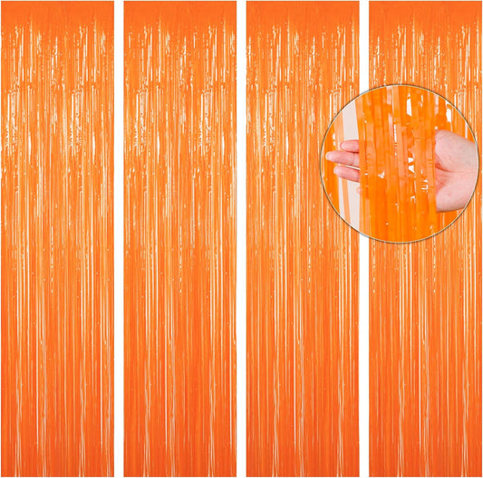 BTSD-home Orange Foil Fringe Curtain, Metallic Photo Booth Backdrop Tinsel Door Curtains for Wedding Birthday Bridal Shower Baby Shower Bachelorette Christmas Party Decorations(4 Pack, 8ft x 3ft)