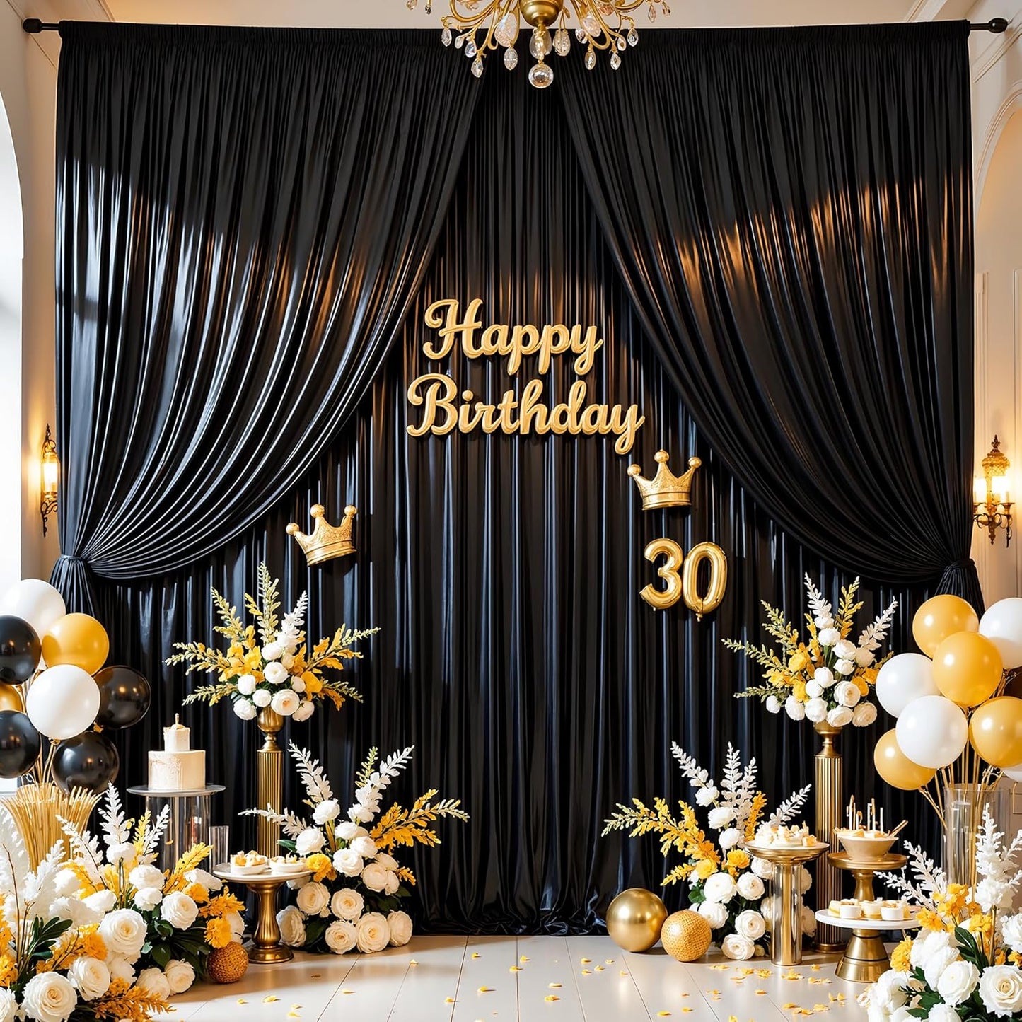 Black Satin Backdrop Curtains 2 Panels - Glitter Photo Drapes for Baby Shower, 10x10FT Shimmer Back Drop Cloth, Wrinkle Free for Birthday Party Prom Wedding Photoshoot Background