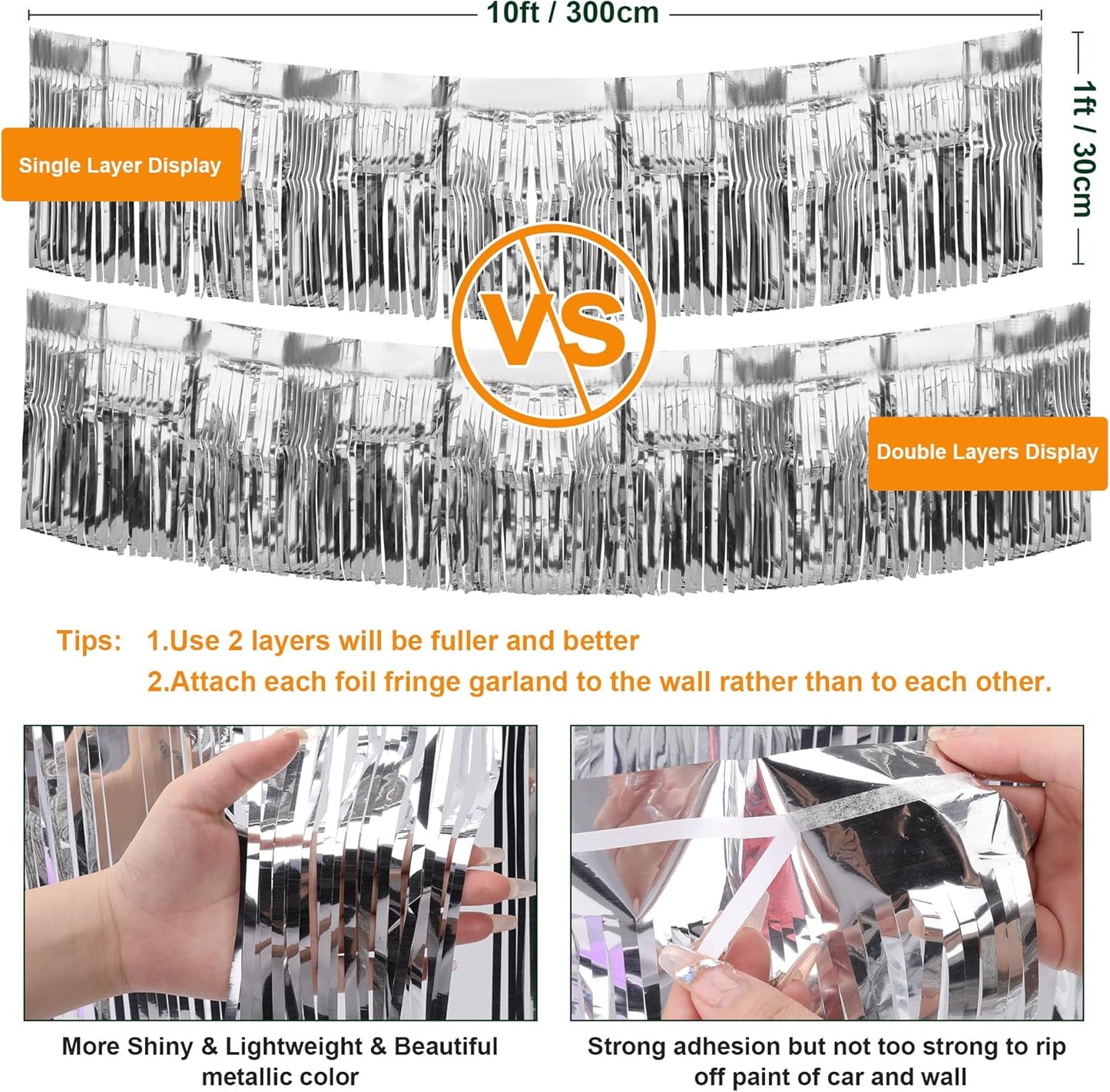 4 Pack Iridescent Fringe Curtains, Metallic Foil Fringe Garland Wall Hanging Drapes Tassel Foil Float for Parade Trailer, Birthday Holiday Outdoor/Indoor Party Decoration (Silver)