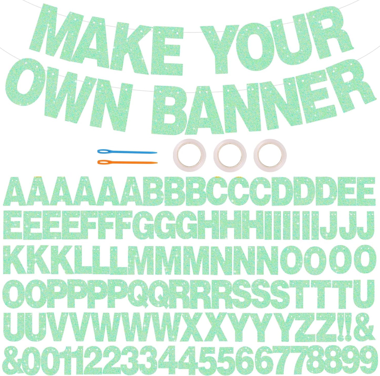 BEISHIDA 116 PCS Glitter Light Green DIY Letter Banner Kit Make Your Own Banner，Including 111 Letters and Numbers 3 Rope and 7 Threading Device,Customized for Birthday Graduation Wedding Party Decor