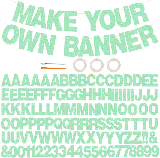BEISHIDA 116 PCS Glitter Light Green DIY Letter Banner Kit Make Your Own Banner，Including 111 Letters and Numbers 3 Rope and 7 Threading Device,Customized for Birthday Graduation Wedding Party Decor