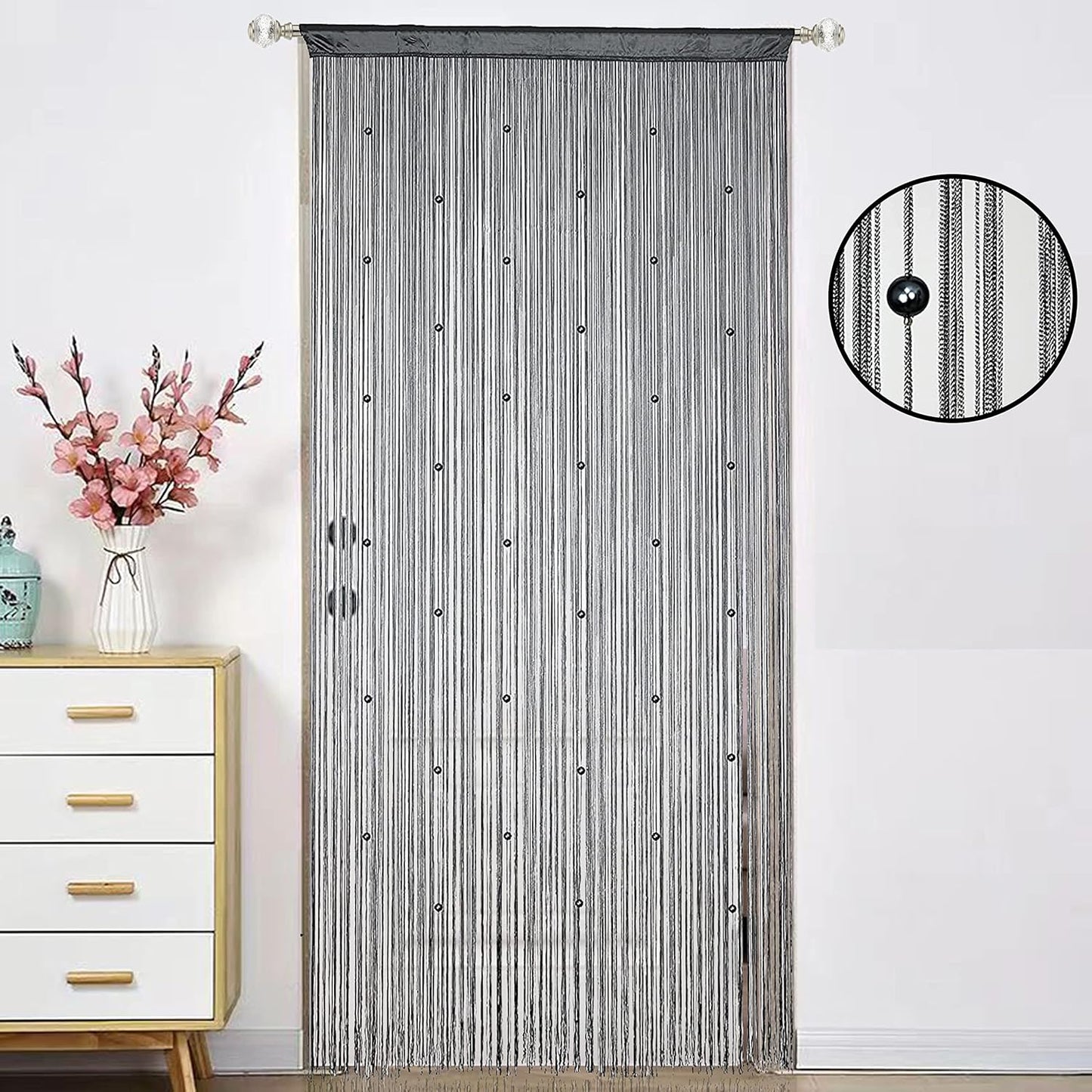 Beaded Curtain Beads Door String Curtains Ideal for Living Room Decor Wall Hanging Fringe Doorway Divider Bedroom Backdrop Hippie Window Closet Privacy Rod Pocket Dense (100x200cm,Grey)