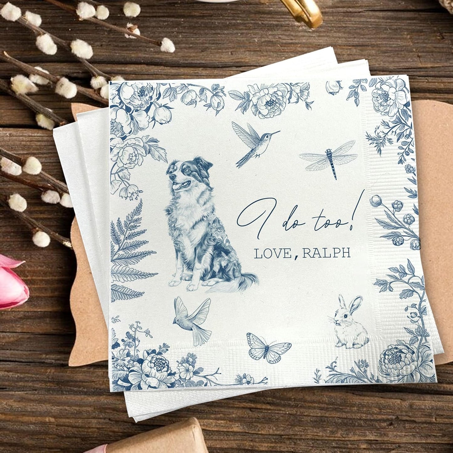 Luxury Personalized Dog Wedding Napkins, Custom Wedding Cocktail Napkins, Cocktail Bar Napkin For Reception, Napkin for Pet Lovers, Anniversary, Bridal, Engagement Party, Bridal Shower