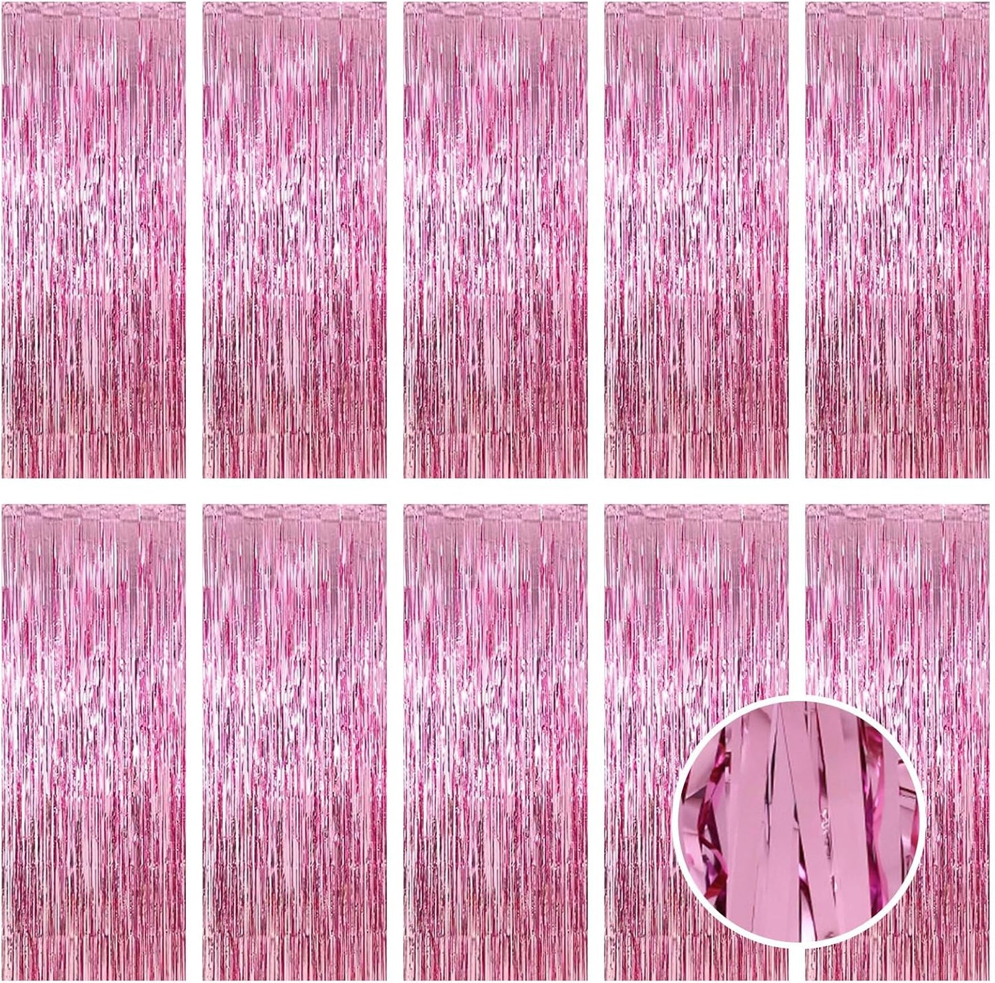 10 Pack Pink Foil Curtain Backdrop 3.2ft x 9.8ft Metallic Tinsel Foil Fringe Curtains Streamer Photo Booth Backdrop for Birthday Party Engagement Bachelorette Party Decorations (Pink)