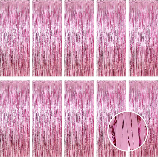 10 Pack Pink Foil Curtain Backdrop 3.2ft x 9.8ft Metallic Tinsel Foil Fringe Curtains Streamer Photo Booth Backdrop for Birthday Party Engagement Bachelorette Party Decorations (Pink)