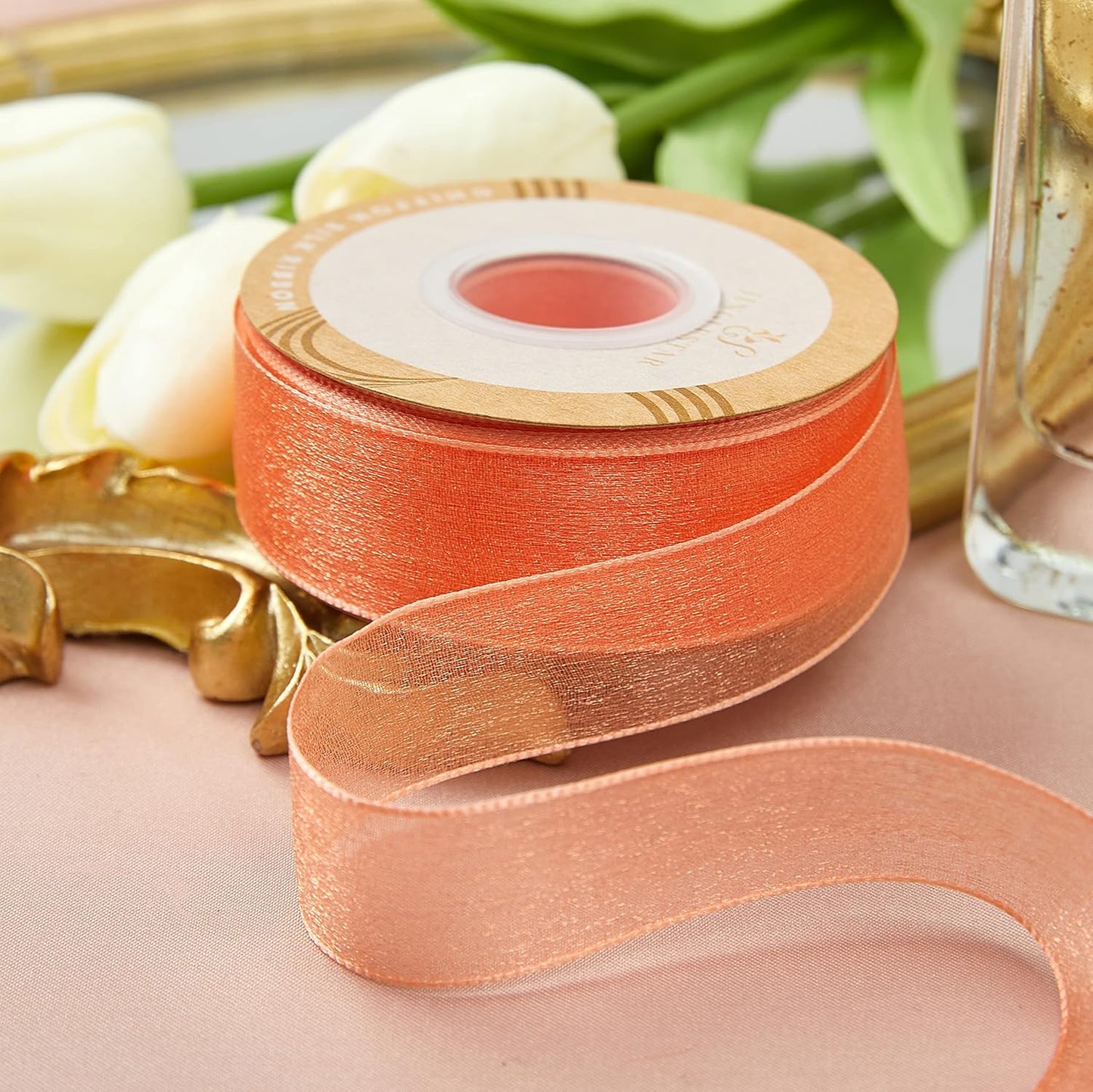 1 Inch Wide Sheer Chiffon Ribbon - Pearl Silk Woven Ribbon Suitable for Gift Wrapping, Wedding Decor, Home Decor, Girl Hair Accessories Handmade DIY (25 Yards/roll) (Tangerine)
