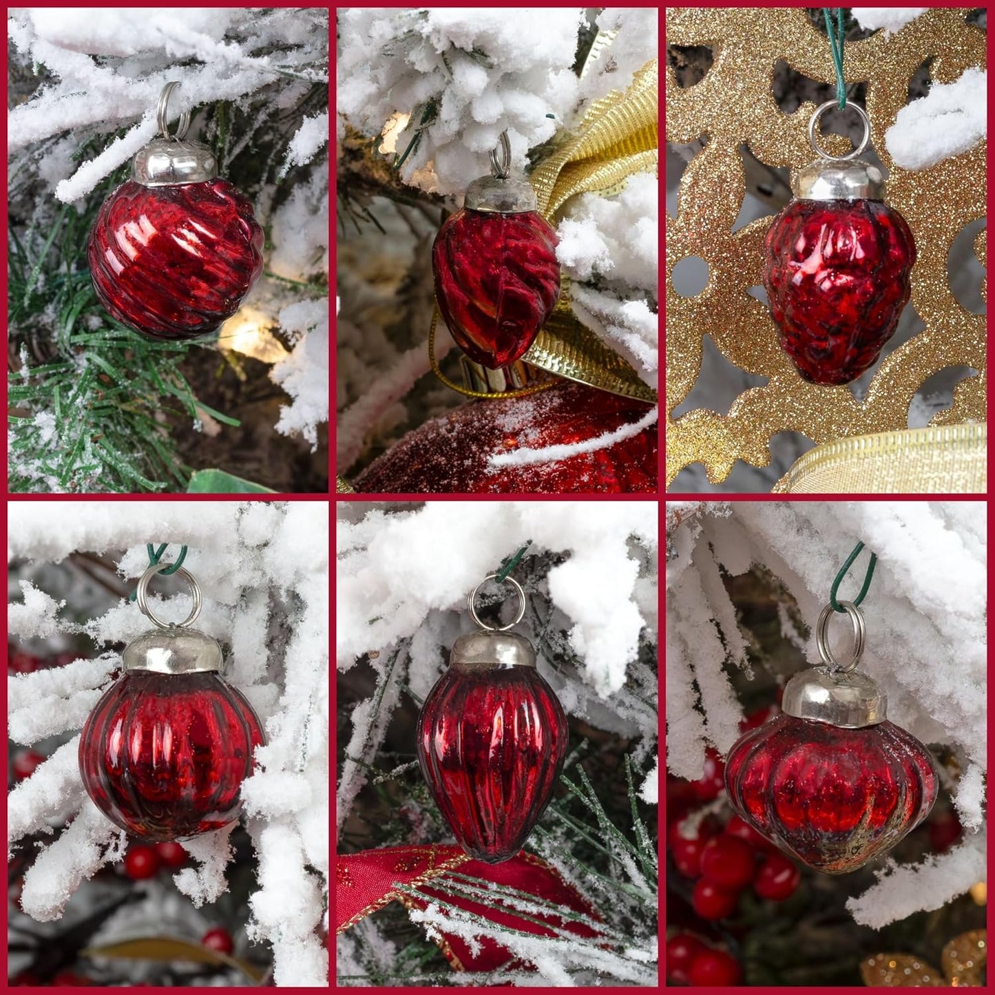 AuldHome Mercury Glass Finial Ornaments (Set of 12, Red, Small); Distressed Metal Antique Style Christmas Tree Decorations; 1.3 to 2-Inch Size
