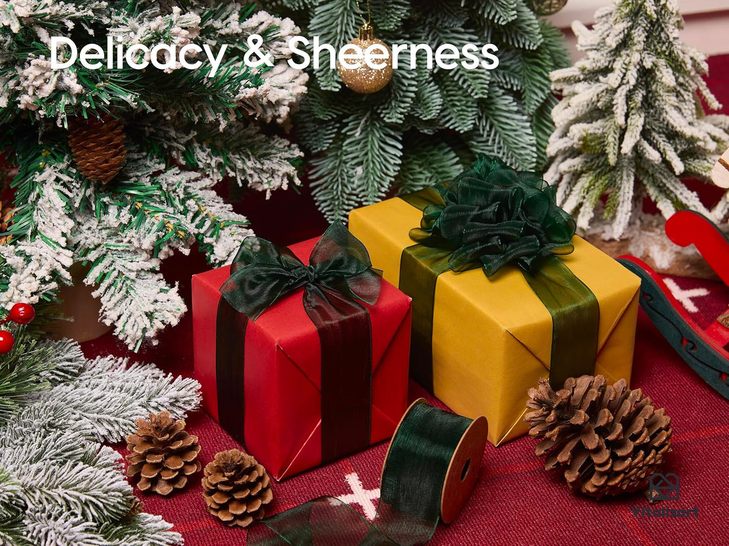 Vitalizart Green Organza Ribbon 1.5" x 30 Yd Sheer Ribbons Dark Green for Christmas Decor Gift Wrapping Crafts Bows Wedding Invitations Wreaths Bouquet