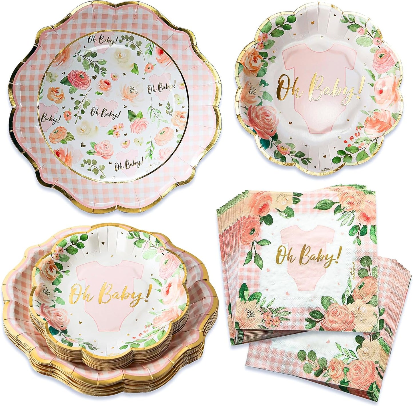Kate Aspen Baby Shower Onesie Pink Floral & Gingham Tableware Set - 62pc. 16pcs 7 inch & 16pcs 9 inch Heavy Duty Disposable Party Plates, 30pcs 6.5 inch Durable Paper Napkins