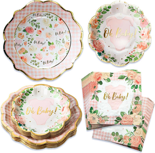 Kate Aspen Baby Shower Onesie Pink Floral & Gingham Tableware Set - 62pc. 16pcs 7 inch & 16pcs 9 inch Heavy Duty Disposable Party Plates, 30pcs 6.5 inch Durable Paper Napkins