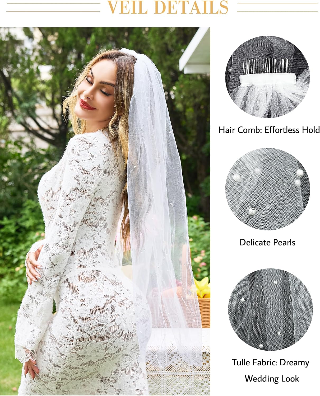 Lovasy Pearl Wedding Bridal Veil 1 Tier Long Veils with Metal Comb– Premium Wedding Accessories for Brides Bachelorette Party