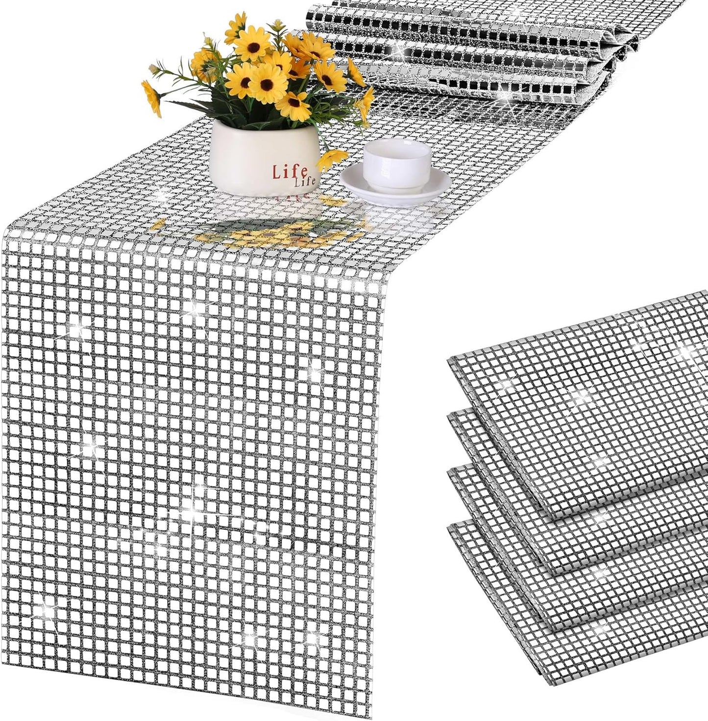 Durony 4 Pack Disco Party Table Runners, 11 x 108 Inch Silver Glitter Foil with Sparkle Sequin, Ideal for Bachelorette, 70s, Disco, Cowgirl Parties