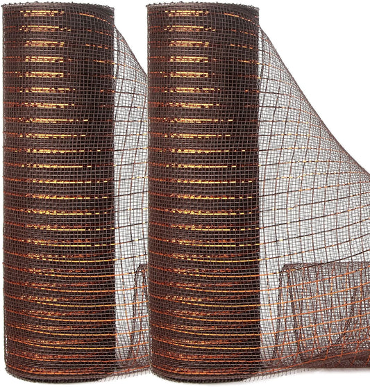 Ribbli 2 Rolls Chocolate Brown Mesh Ribbon,10 inch x 30 feet(10Yard) Each Roll,Metallic Chocolate Brown with Copper Foil,Use for Wreath Swags and Christmas Decoration
