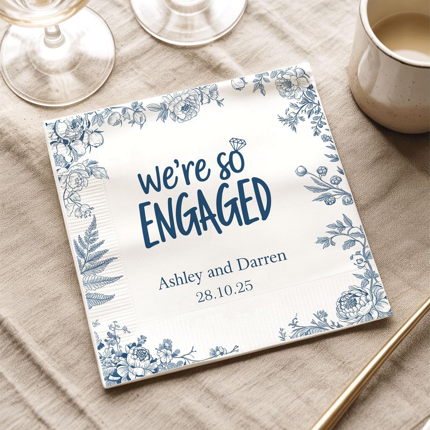 Luxury Personalized Engagement Napkins, We're Engaged, Custom Cocktail Napkins, Beverage Luncheon Cocktail Bar Napkin For Reception, Napkin Decor for Engagement Party, Bridal Shower