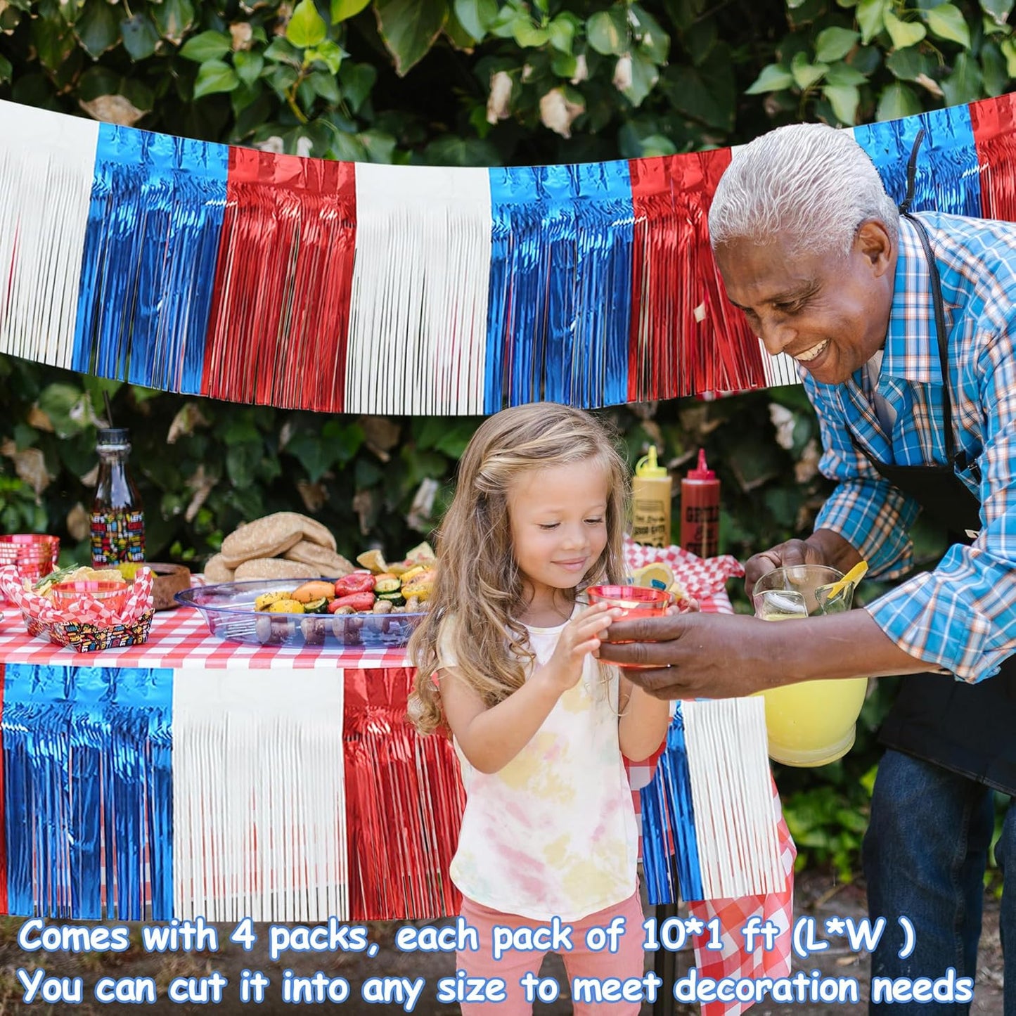 4 Pack 10 Feet Foil Fringe Garland Metallic Tinsel Streamers Banner Wall Hanging Fringe Backdrop Banner for Parade Floats Wedding Birthday Party Decoration (Royal Blue Red White)