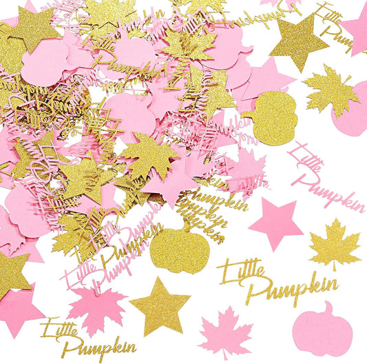 400 Pcs Fall Little Pumpkin Baby Shower Decorations Fall Thanksgiving Glitter Confetti Pink and Gold Pumpkin Confetti Autumn Thanksgiving Maple Leaf Decor for Birthday Party Supplies (Fresh Style)