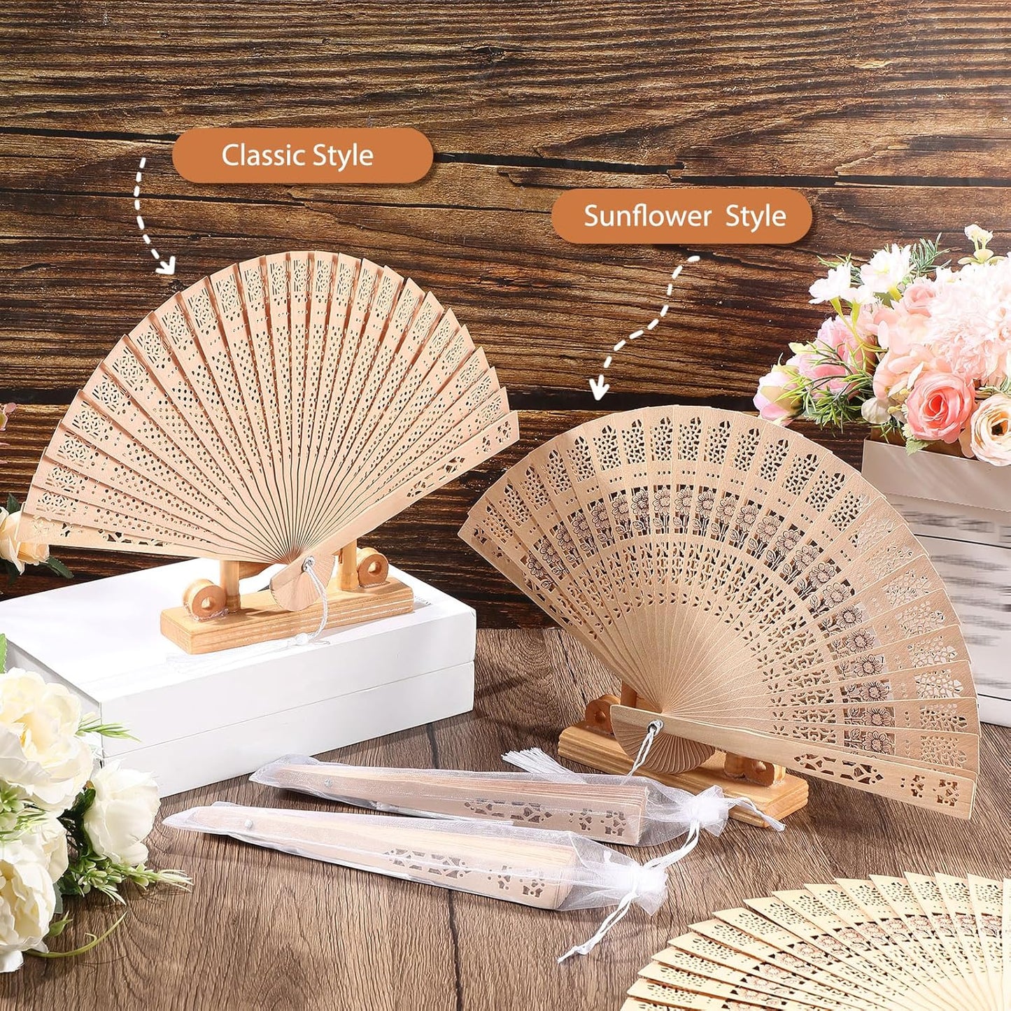 Qunclay 60Pcs Wooden Hand Fans Folding Wedding Fans for Guest Chinese Hollow Pattern with White Tassel and Gift Bag for Wedding Bridal Shower Birthday Party Favors Gift and Home Decor(Mixed Style)