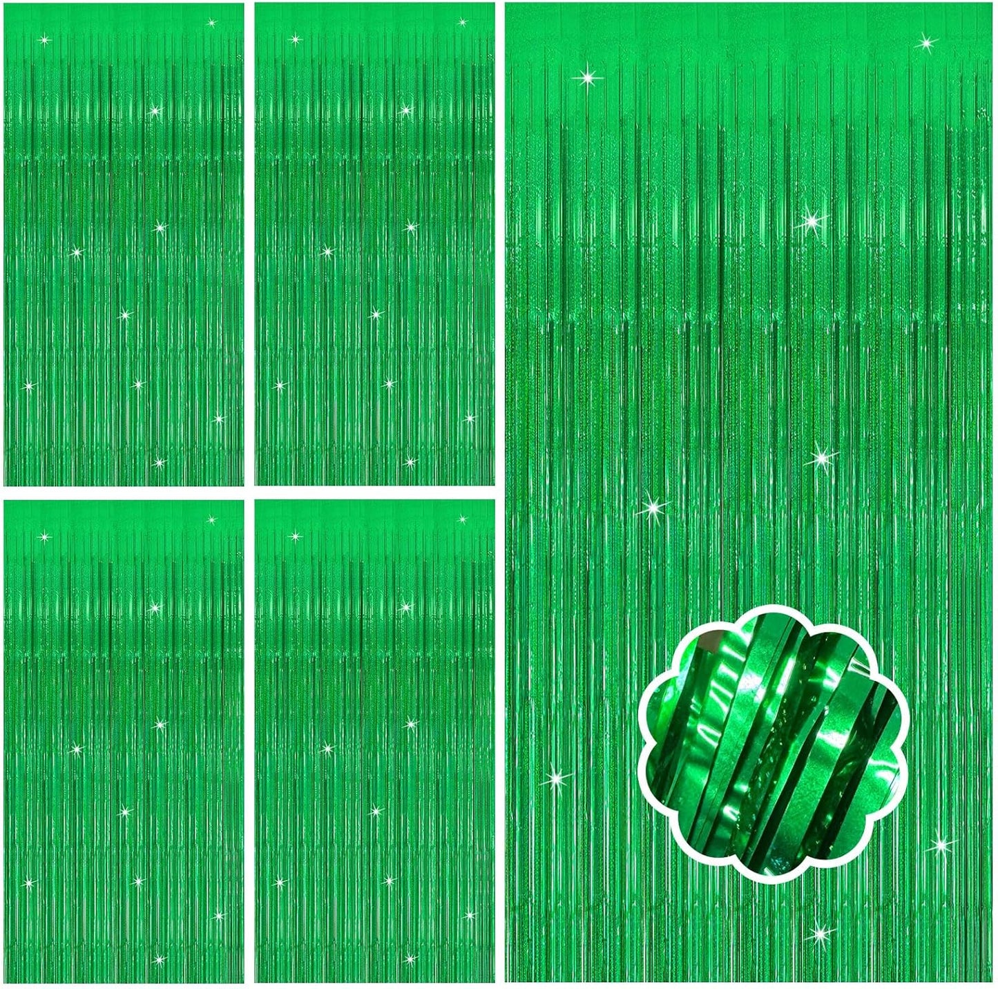 5 Pack Green Streamers Backdrop Metallic Foil Fringe Tinsel Curtains for Birthday Dinosaur Animal St Patrick's Day Football Christmas Jungle Theme Party Decorations