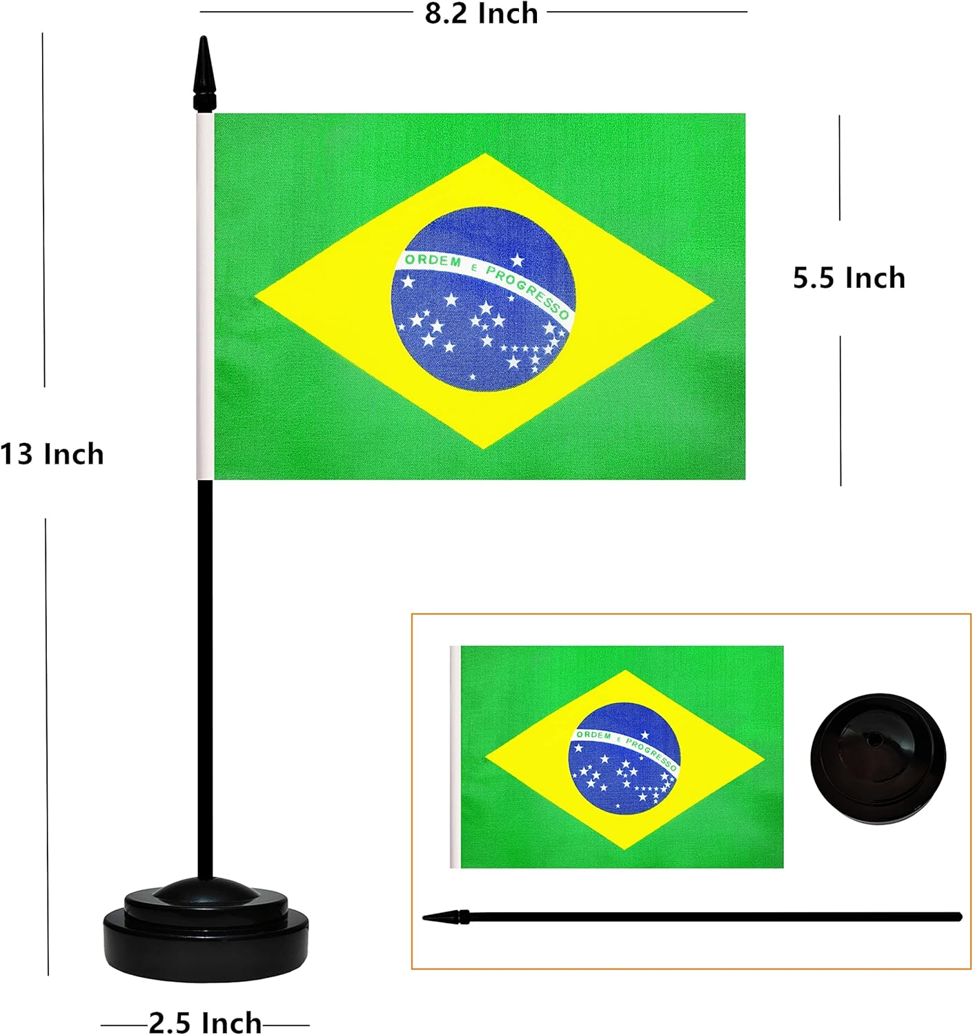 12 Pack Brazil Desk Flags Set, Brazilian Small Mini Table Office Flags with 12" Solid Black Pole, 8.2 x 5.5 Inches, Home and Office Decoration, Festival Celebrations