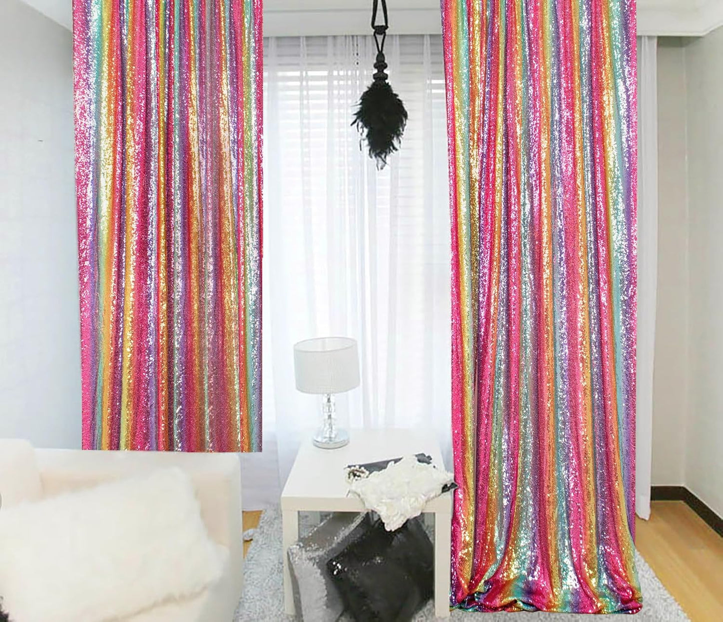 ShinyBeauty 4x10ft Rainbow Sequin Photo Backdrop - Glitter Wall Decor for Wedding, Birthday, Baby Shower - Reusable & Lightweight