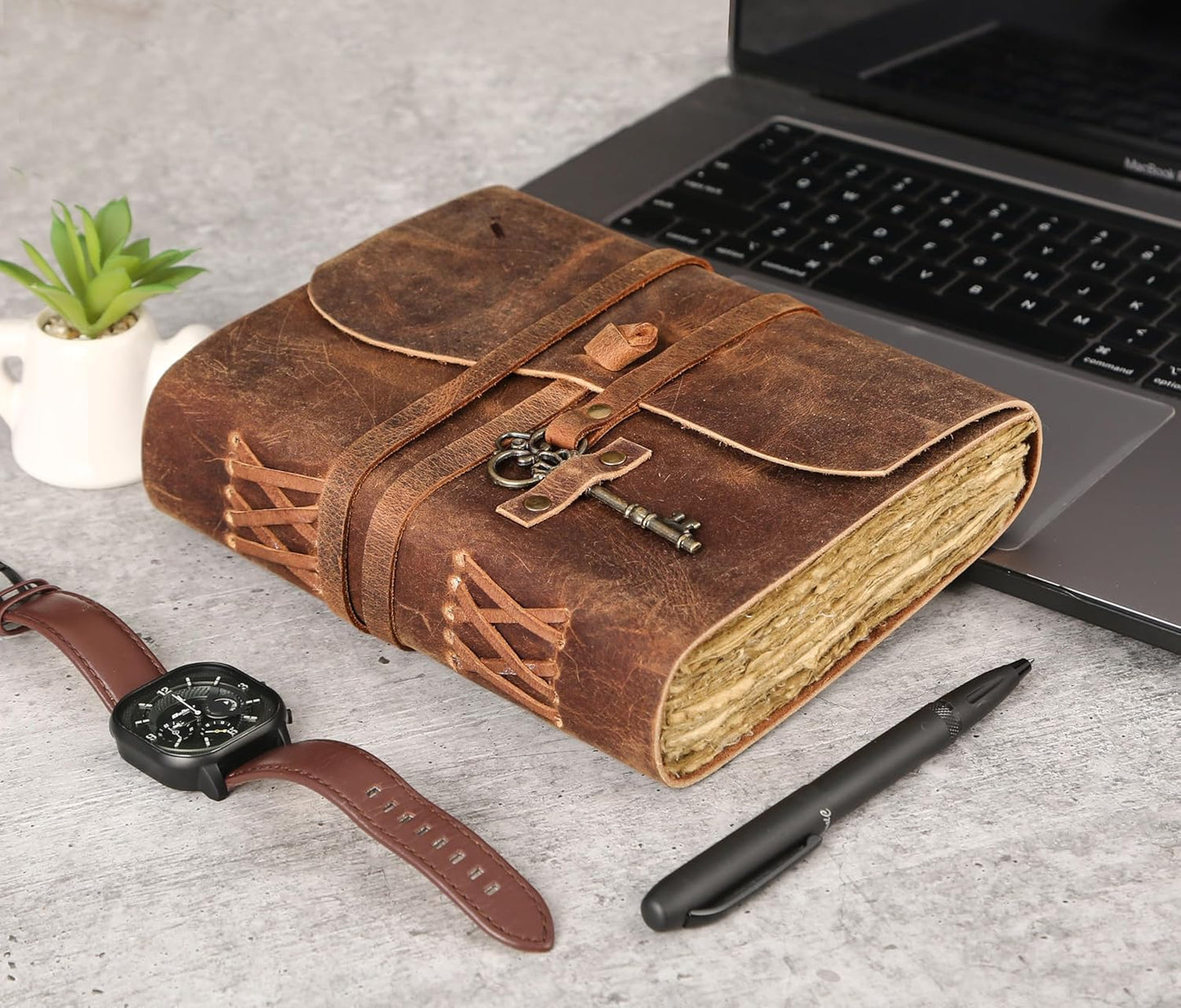Leather Journal with Lined and Unlined Deckle Edge Paper 8x6 inch and Vintage Key | Handmade Writing Notebook Diary | Bound Daily Notepad for Men & Women Medium, Sketch/Writing pad for Artists