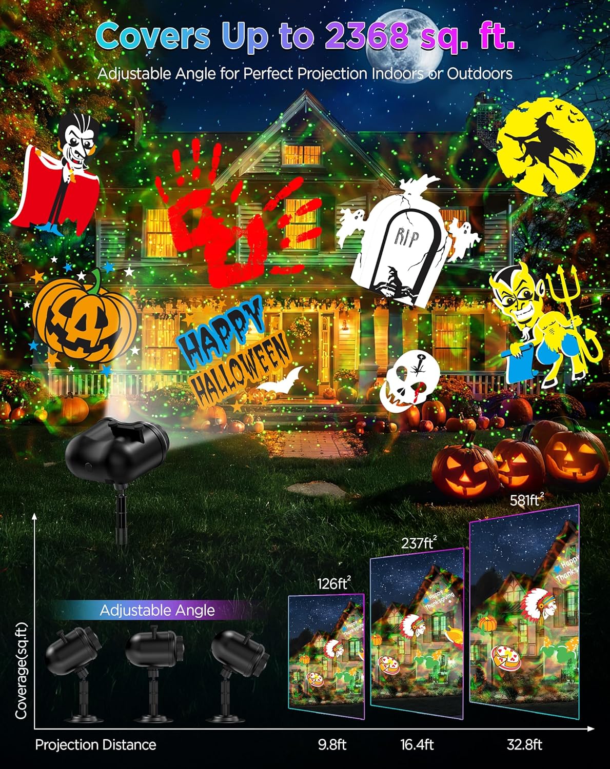 Halloween Christmas Projector Lights Outdoor, 8 Brighter HD Holiday Patterns with Firefly & Ocean Wave Effects, 20 Slides, Waterproof Snowflake Projector with Timer for House Garden Yard Xmas New Year