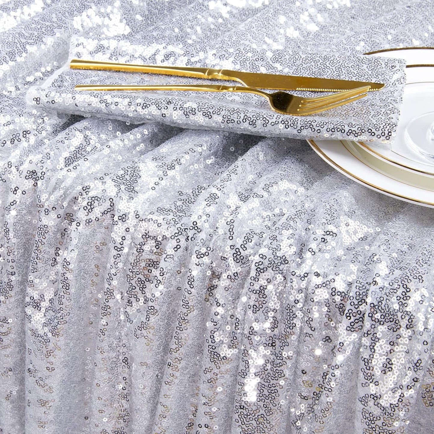 QueenDream Sequin Tablecloth 60x102 Inch Silver Tablecloth Christmas Glitter Tablecloth 6ft for Baby Shower Party Christmas Decorations