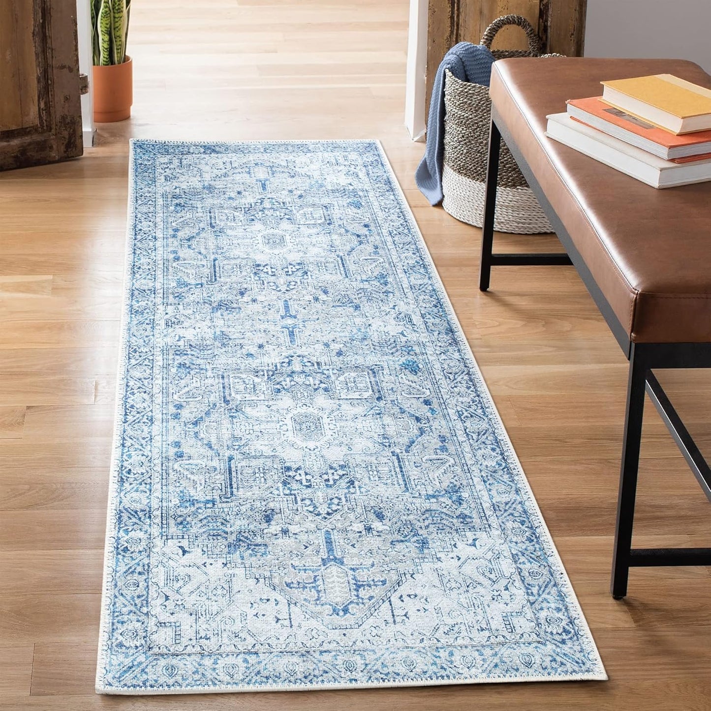 Bloom Rugs Washable Non-Slip 7 ft Runner - Blue/Gray Traditional Runner for Entryway, Hallway, Bathroom, and Kitchen - Exact Size: 2.5' x 7'