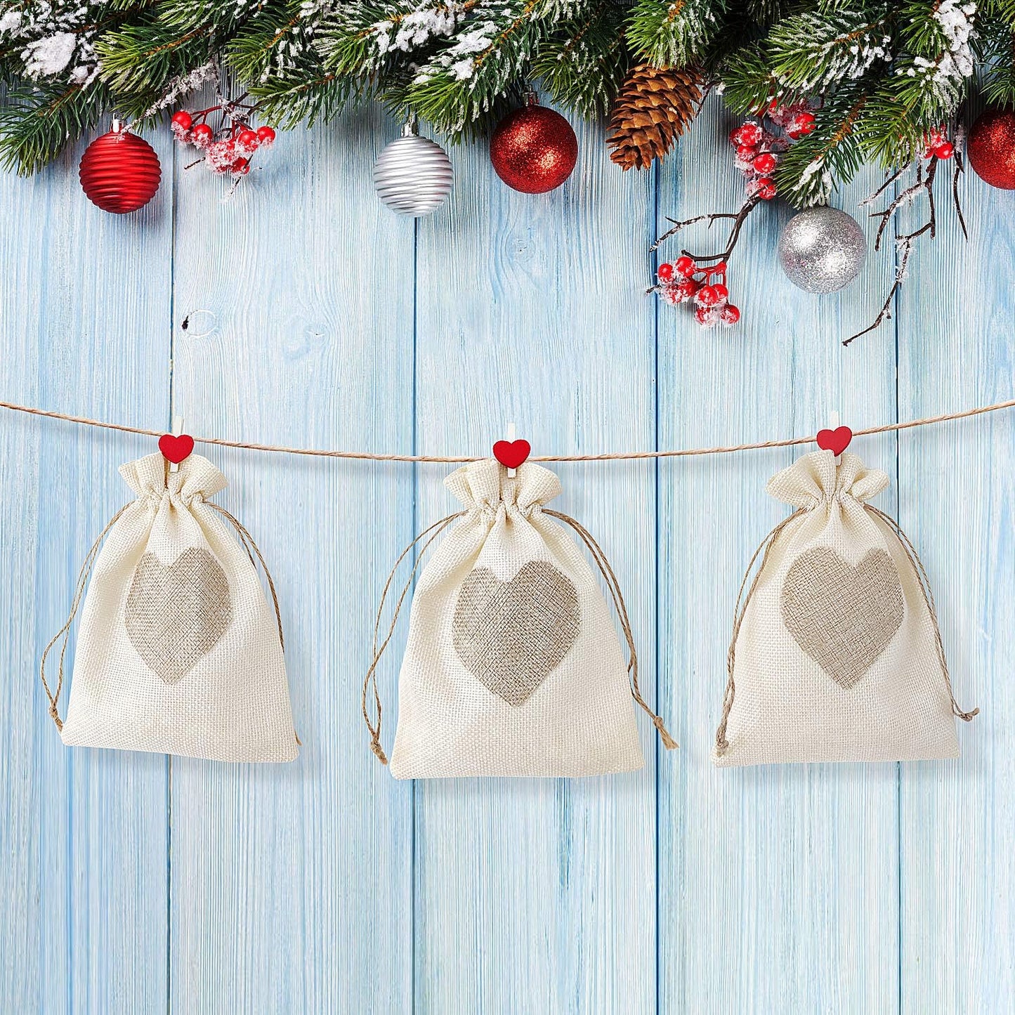 SumDirect Heart Burlap Bags with Drawstring - 36Pcs 5x7Inch Beige Small Linen Gift Pouch for Wedding, Baby shower Favor Gift Bags