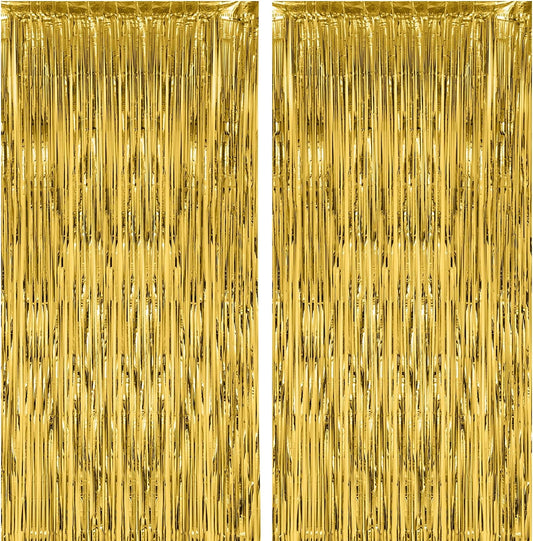 2 Pack Gold Foil Fringe Backdrop Curtains, Tinsel Streamers Birthday Party Decorations, Fringe Backdrop for Graduation, Baby Shower, Gender Reveal, Disco Party