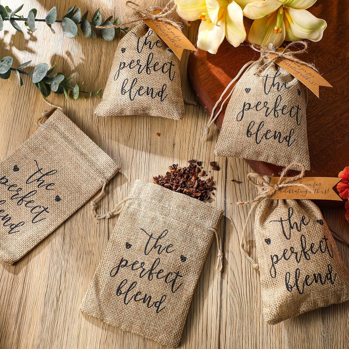 Fumete 50 Sets Wedding Coffee Party Favors for Guests the Perfect Blend Coffee Bean Bags Kraft Thank You Cards Organizer Reusable Burlap Bag and Twine Bridal Shower Souvenirs Gift, No Beans