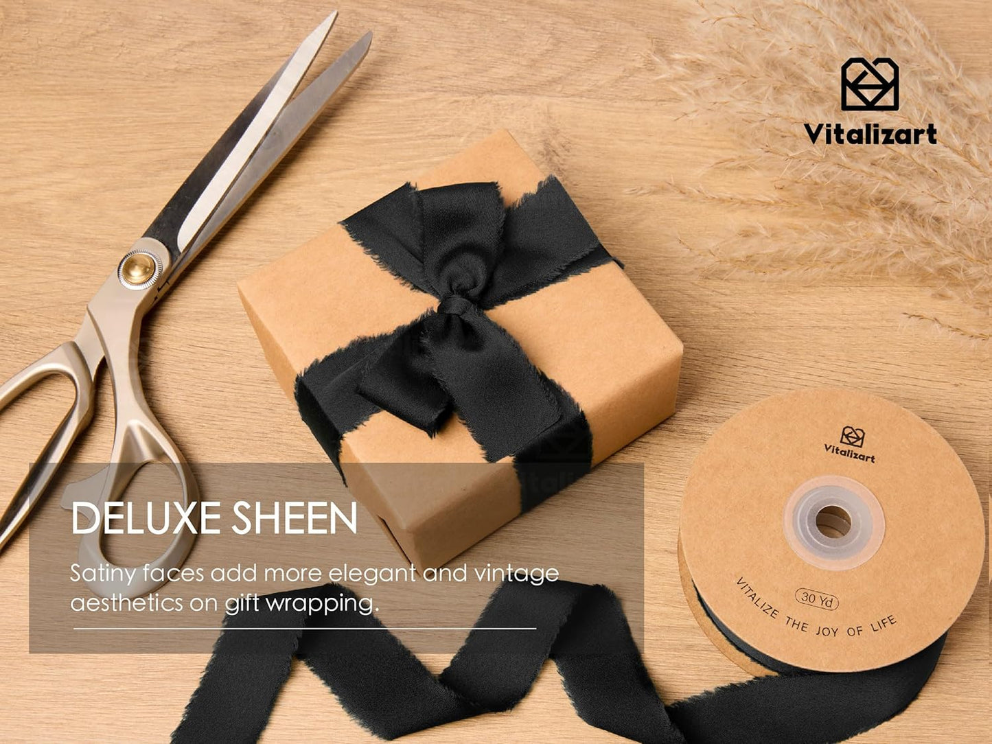 Vitalizart Silk Like Satin Ribbon 1 inch x 30 Yard Black Handmade Frayed Ribbons for Gift Wrapping Baby Shower Wedding Bridal Bouquets Holiday Decor