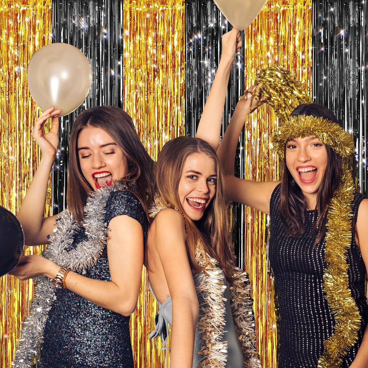 2Pack Black Gold Metallic Tinsel Foil Fringe Curtains, Door Streamers Photo Booth Backdrop for Birthday Party, Tinsel Curtain Backdrop for Wedding Baby Shower Bachelorette Christmas Party Decorations