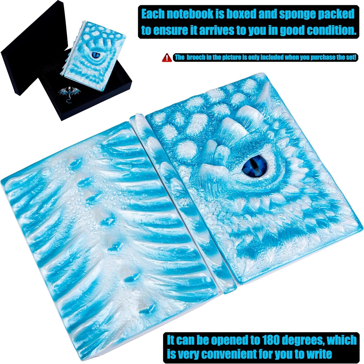 3D Dragon Eye Embossed Journal,Resin Engraving Notebook,Dnd notebook for Dragon Lovers ，Blank Paper,Hardcover Travel Notepad for Writing,Sketchbook,Collection,Gift,Decoration A4 and A5 Size (A5-Ice dragon-Lined-Brooch)