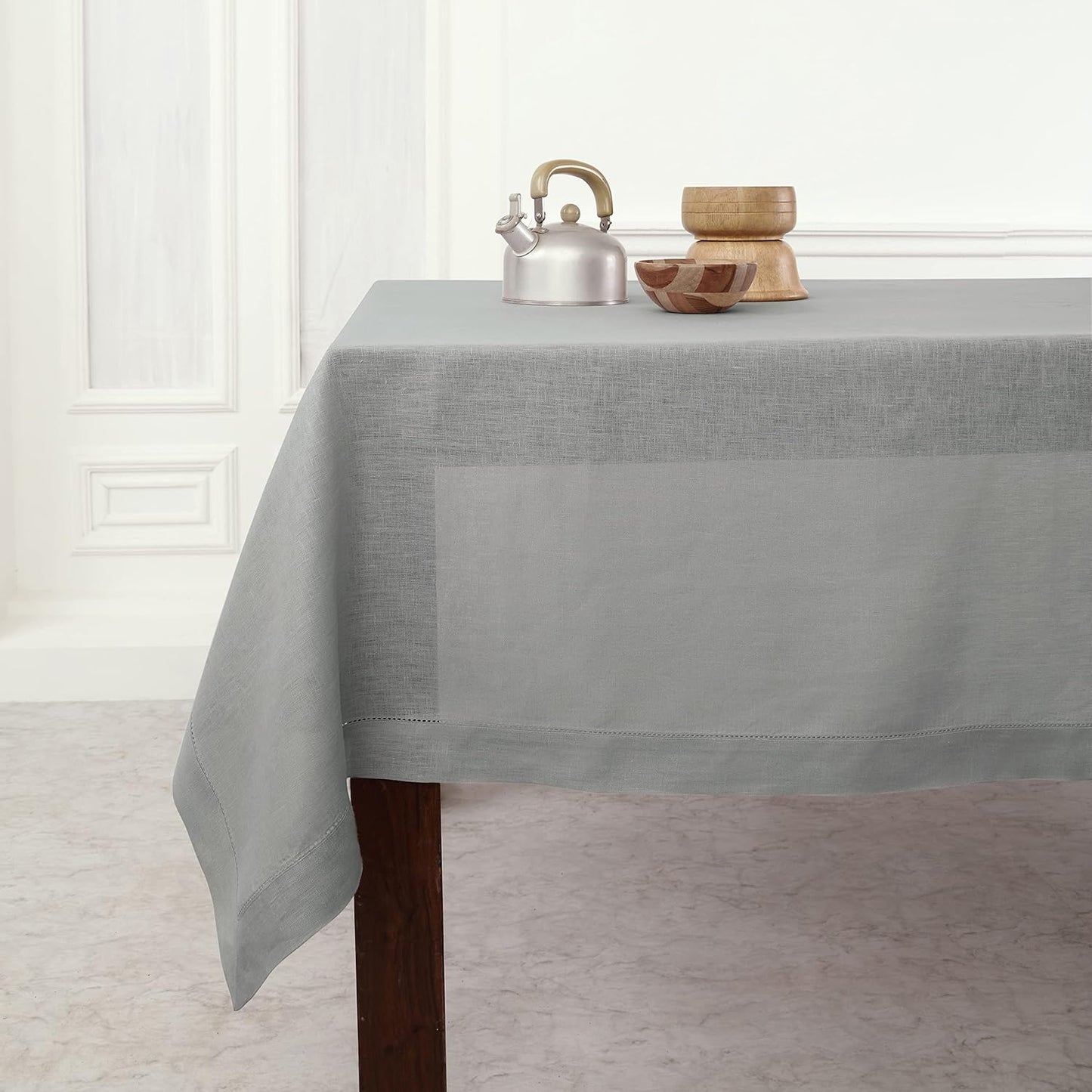 Solino Home Linen Tablecloth for Rectangle Tables 60 x 90 Inch - Classic Hemstitch 100% Pure Linen Soft Grey Table Cloth - Machine Washable Cloth Tablecloth for Fall, Autumn, Thanksgiving, Christmas
