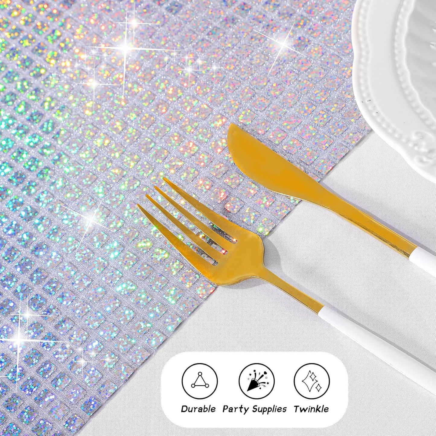 Durony 2 Pack Disco Table Runner 11 x 108 Inch Mirror Silver Laser Glitter Foil Cover With Sparkle Sequin for Bachelorette, 70s, Cowgirl Party Decorations