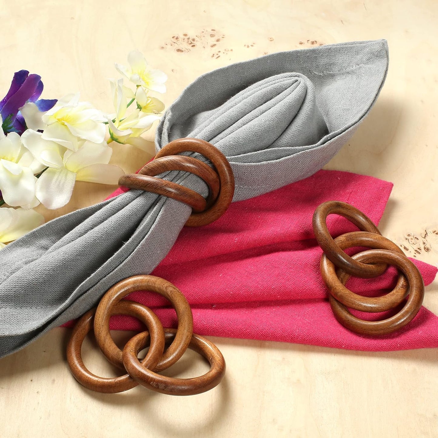 Three Ring Napkin Rings Set of 8, Decorative Handcuff Serviette Ring, Napkin Holders Bulk for Party Decoration, Dinning Table, Everyday, Family Gatherings Tabletop Décor (Brown) - CLEENTABLE