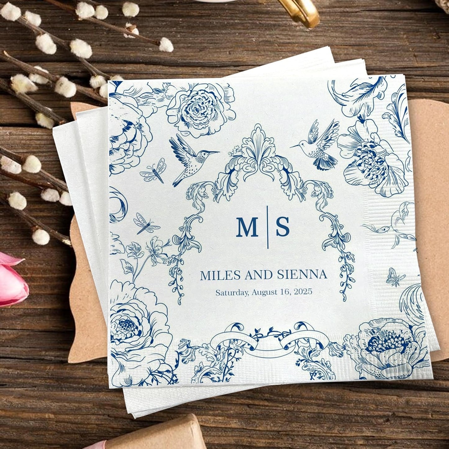 Custom Wedding Cocktail Napkins, Blue Floral Cocktail Napkins, Personalized Paper Napkin for Wedding Reception, Blue and White Flower Paper for Bridal, Engagement Party, Bridal Shower