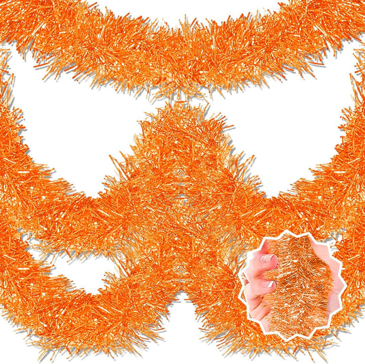 50 Feet Macaron Orange Christmas Tinsel Garland, Metallic Foil Twist Banner Wall Hanging Tinsel Streamers Backdrop for Parade Floats, Christmas, Mother's Day, Birthday Party Decorations(2in x 50ft)