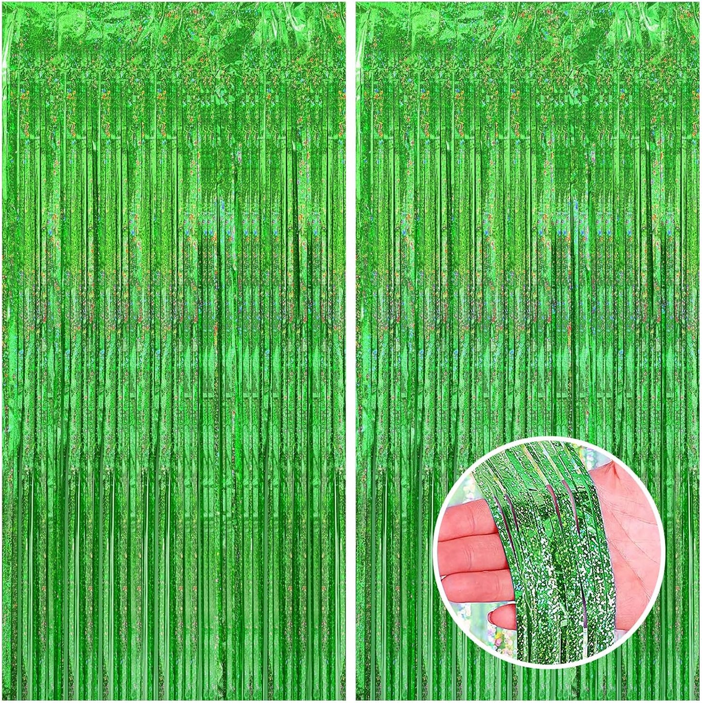 CANREVEL 2 Pack 3.3x8.2 Feet Laser Green Foil Fringe Backdrop Curtains, Tinsel Streamers Birthday Party Decorations, Fringe Backdrop for Jungle Safari Tropical Party Christmas Decorations