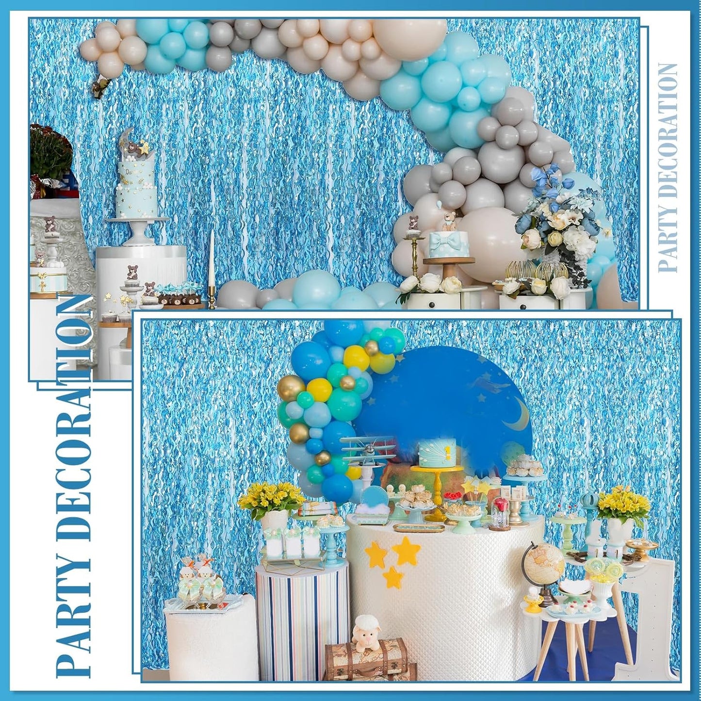 10 Pieces 3.3 x 6.6 Ft Foil Fringe Backdrop Party Wavy Tinsel Fringe Curtain Streamer for Happy New Year Carnival Party Favor 80s 90s Disco Ocean Sea Mermaid Birthday Wedding(Blue)