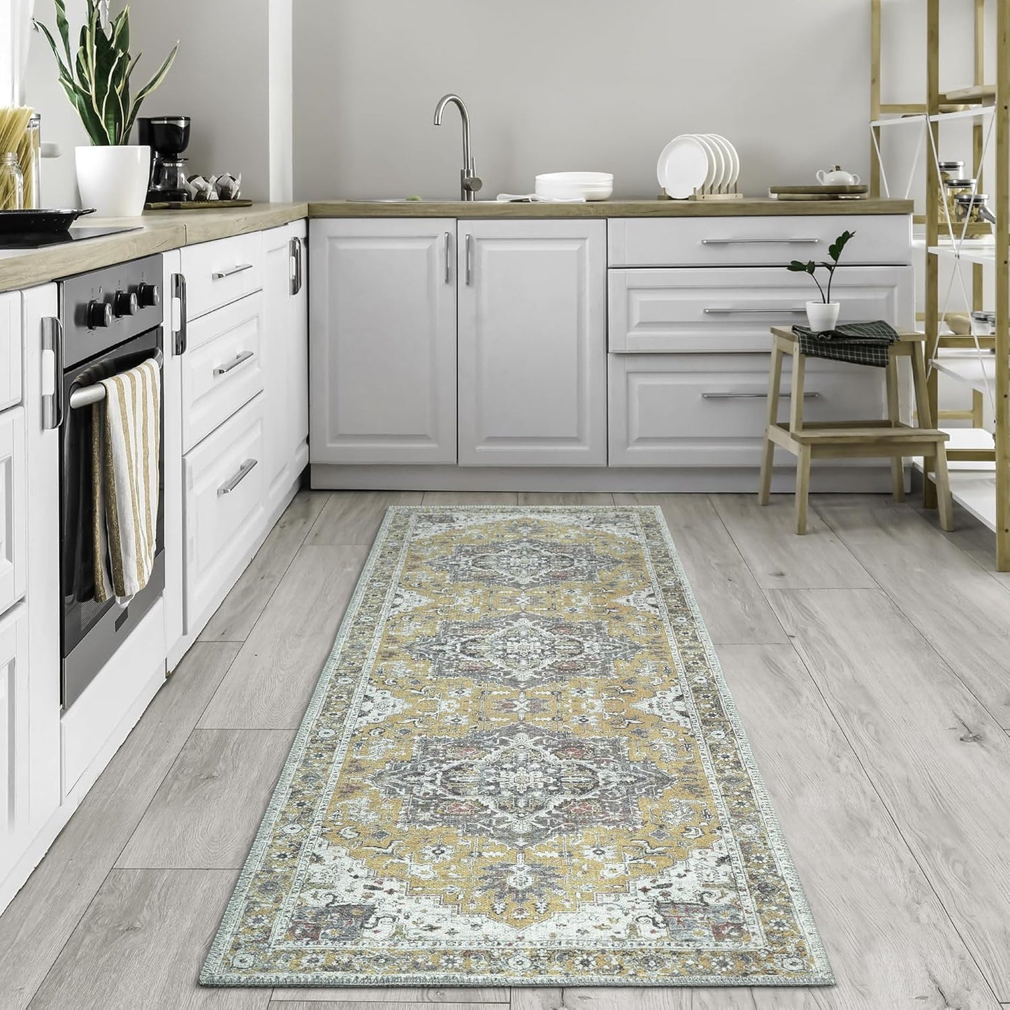 Bloom Rugs Washable Non-Slip 10 ft Runner - Yellow Traditional Medallion Runner for Entryway, Hallway, Bathroom, and Kitchen - Exact Size: 2.5' x 10'