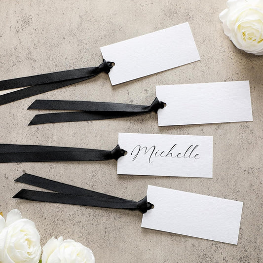 50 Pcs Name Place Cards for Table Setting Blank Wedding Place Cards with Satin Ribbon 1.57 x 3.54 Inch Hanging Gift Tags for Wedding Dinner Banquet Party Table Setting Supplies (Black)
