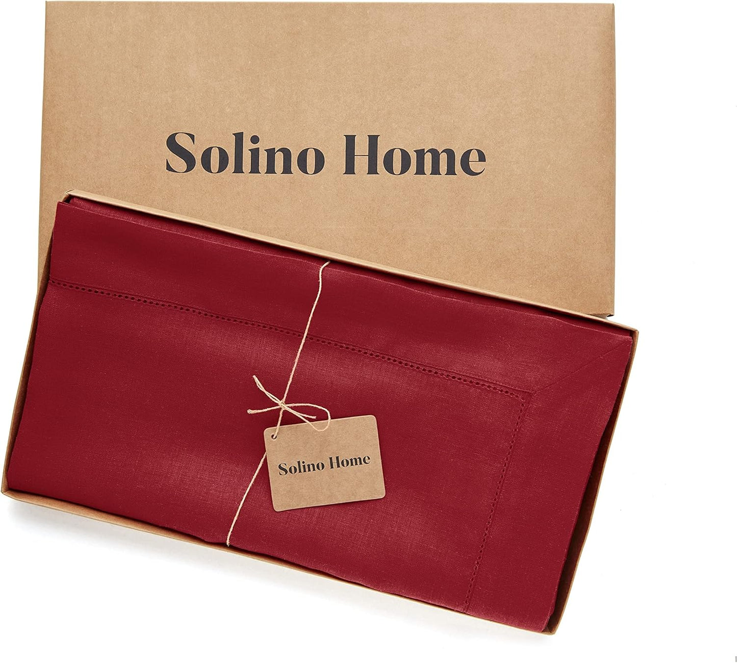 Solino Home Red Linen Tablecloth 60 x 132 Inch - 100% Pure Linen Hemstitch Table Cloth for Rectangle Tables - Classic Hemstitch, Machine Washable Tablecloth for Christmas