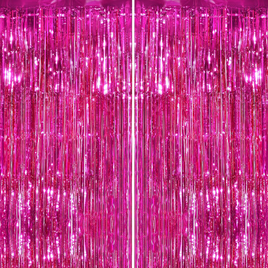 2Pack Hot Pink Metallic Tinsel Foil Fringe Curtains Backdrop for Pink Party Birthday Wedding Bachelorette Baby Shower Holiday Party Decorations Photo Booth Props, Bachelorette Christmas Party Decors