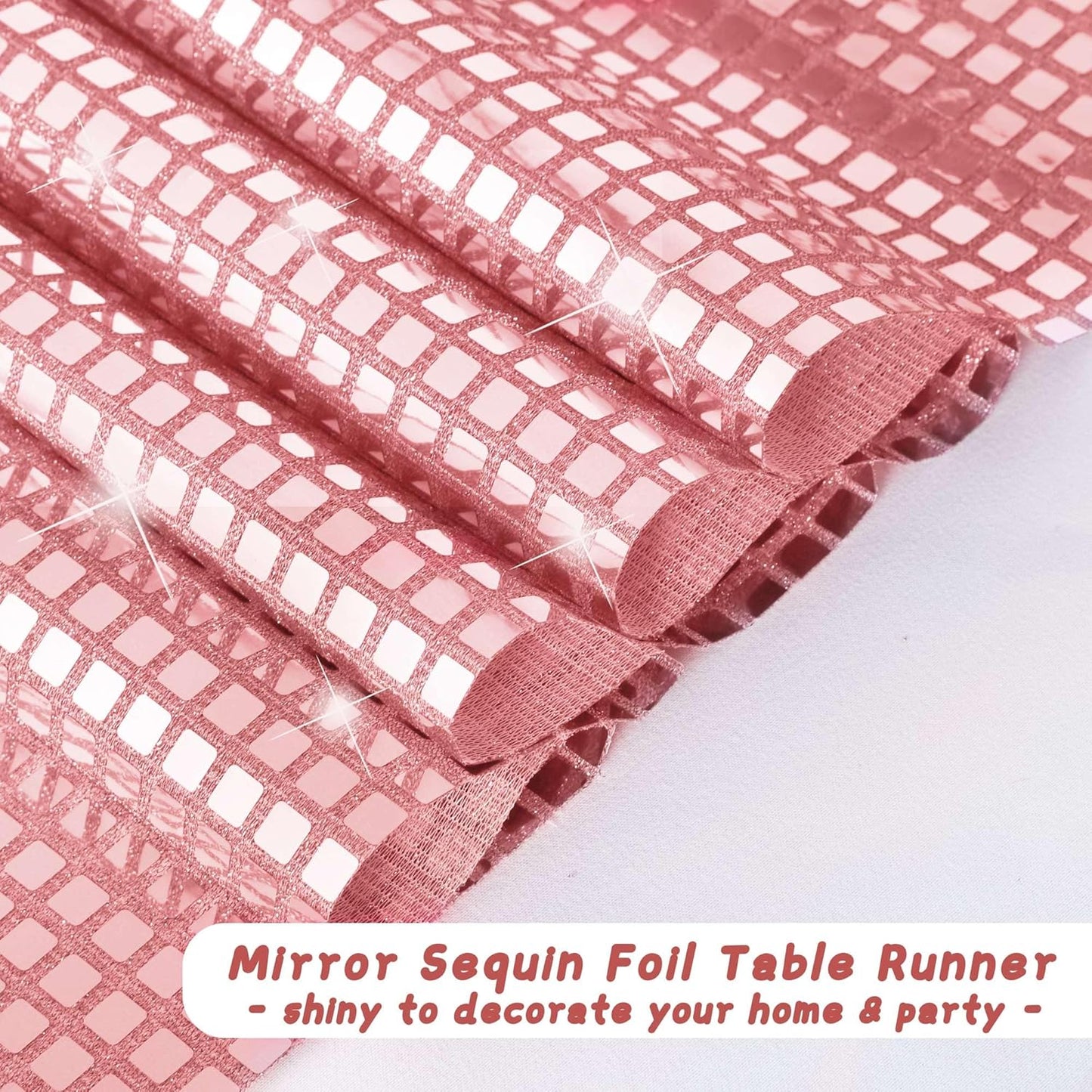 Durony 2 Pack Disco Table Runner 11 x 108 Inch Mirror Rose Gold Glitter Foil With Sparkle Sequin for Bachelorette, 70s, Cowgirl Party Decorations